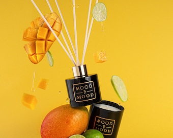 Difusor de varillas, vela. Difusor de lima y mango, fragancia para el hogar, botella negra con varillas, 100 ml, cristal de vela negro.
