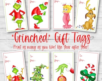 PRINTABLE Grinch Gift Tags, Grinch Christmas Gift Tags, 8 Designs, Instant Download, Use Year After Year, Unlimted Use, Grinch To From Tags