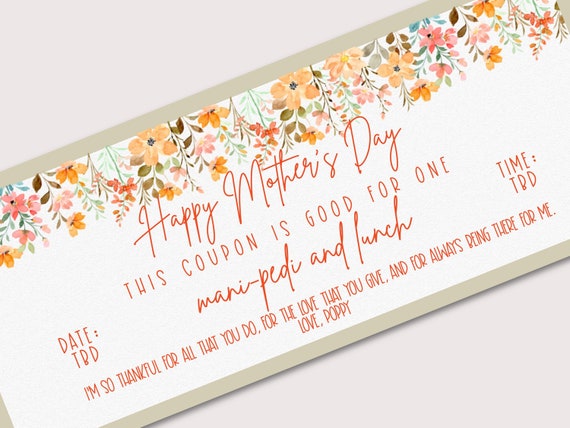 Hermoso cupón de CUPÓN, descarga INSTANTÁNEA, texto totalmente EDITABLE,  Tarjeta de Día de la Madre, Tratamiento facial,