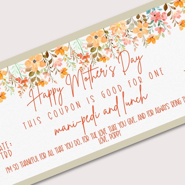 Beautiful COUPON Voucher, INSTANT Download, Fully EDITABLE Text, Printable. Gift Card. Mother's Day, Facial, Birthday, Massage, Dinner Date