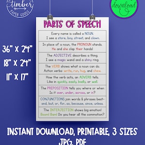 PRINTABLE Parts of Speech Anchor Charts! 3 Sizes. Parts of Speech. ELA Anchor Chart. Custom. Engaging. Classroom Parts of Speech Poster.