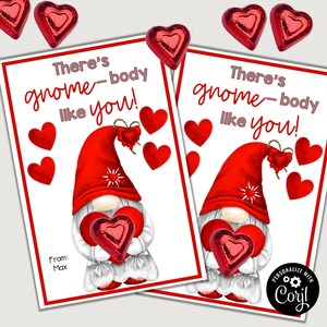 EDITABLE Lindo Gnomo San Valentín, Tarjetas de San Valentín Imprimibles, Tarjetas de San Valentín Escolares, Clase San Valentín, Descarga Instantánea, Gnomo San Valentín