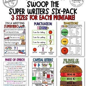 6 PRINTABLE Anchor Charts, 3 Sizes Each, Classroom Anchor Charts, ELA Anchor Charts Bundle, Classroom Writing Anchor Chart, Writing Posters.