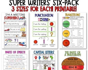 6 PRINTABLE Anchor Charts, 3 Sizes Each, Classroom Anchor Charts, ELA Anchor Charts Bundle, Classroom Writing Anchor Chart, Writing Posters.