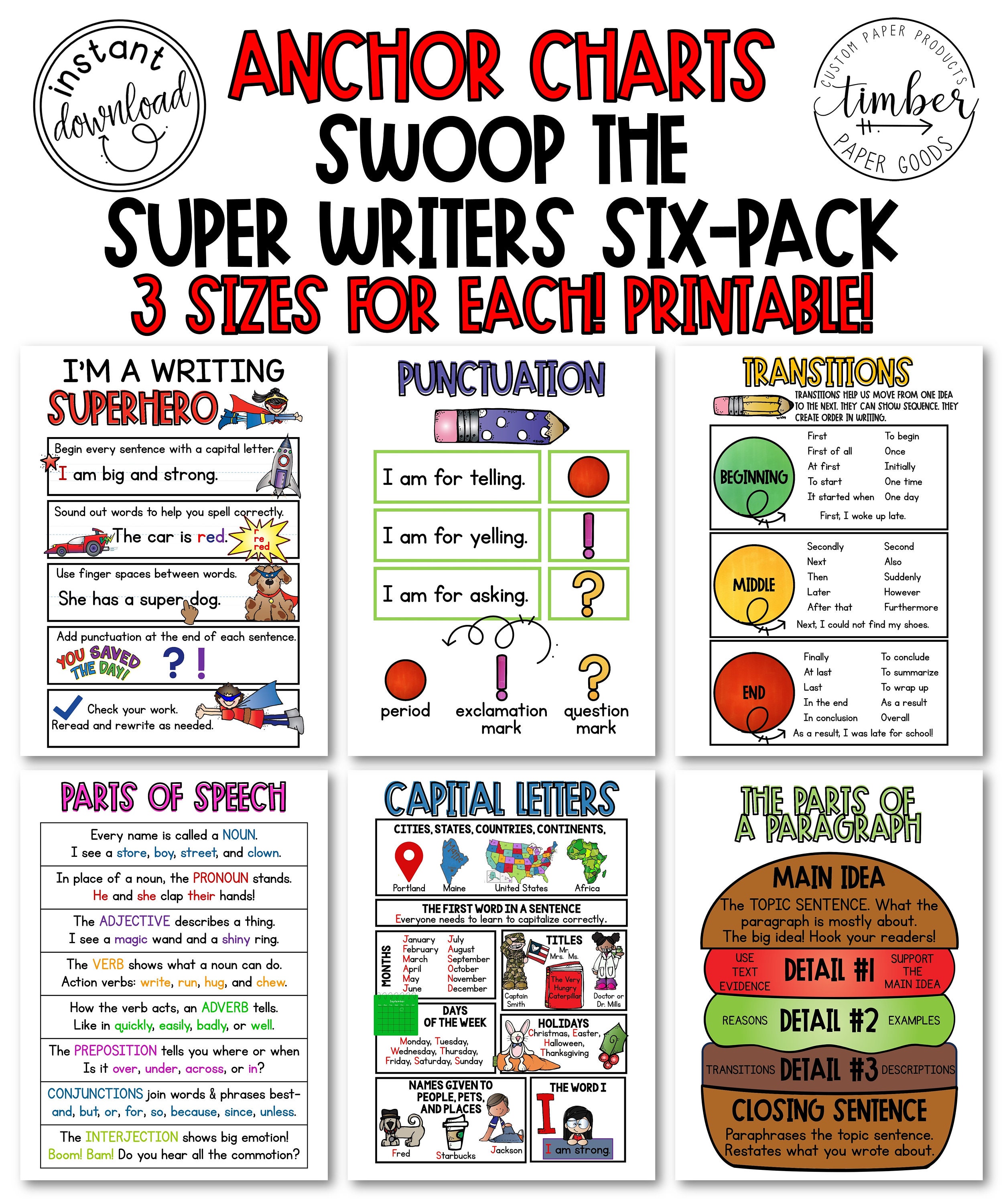 6 PRINTABLE Anchor Charts, 3 Sizes Each, Classroom Anchor Charts, ELA Anchor Charts Bundle, Classroom Writing Anchor Chart, Writing Posters.