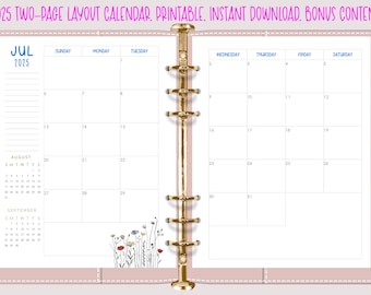 2025 Calendar, 2-Page Spread, Lined, Unlined, Monday and Sunday Starts, Printable PDF. Planner, Agenda. Instant Download. Wildflowers!