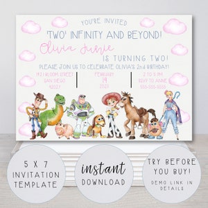 Infinity and Beyond Invitation Template, Pink Cloud Design. FULLY EDITABLE TEXT. 2nd or any birthday- Toy Story Party. Printable. Watercolor