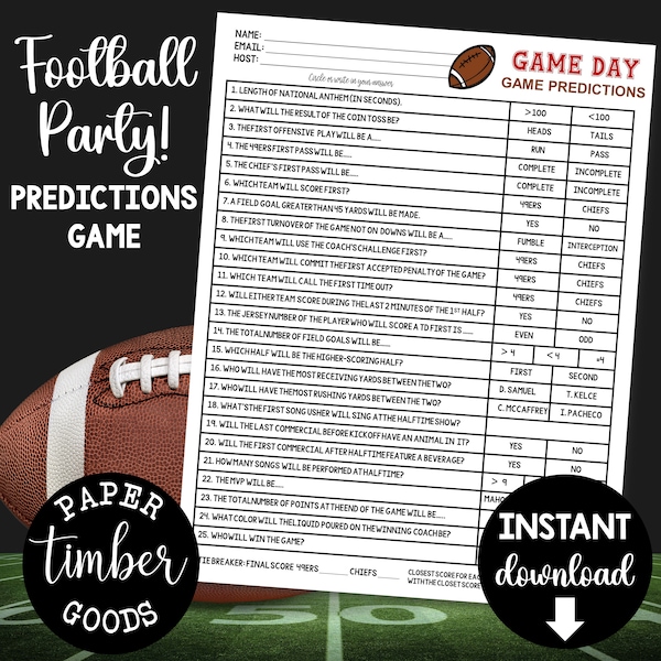 Football Game Predictions Game | Football Party Games | Printable Super Bowl Game | Props Gamel | Football Betting | Game Day Predictions