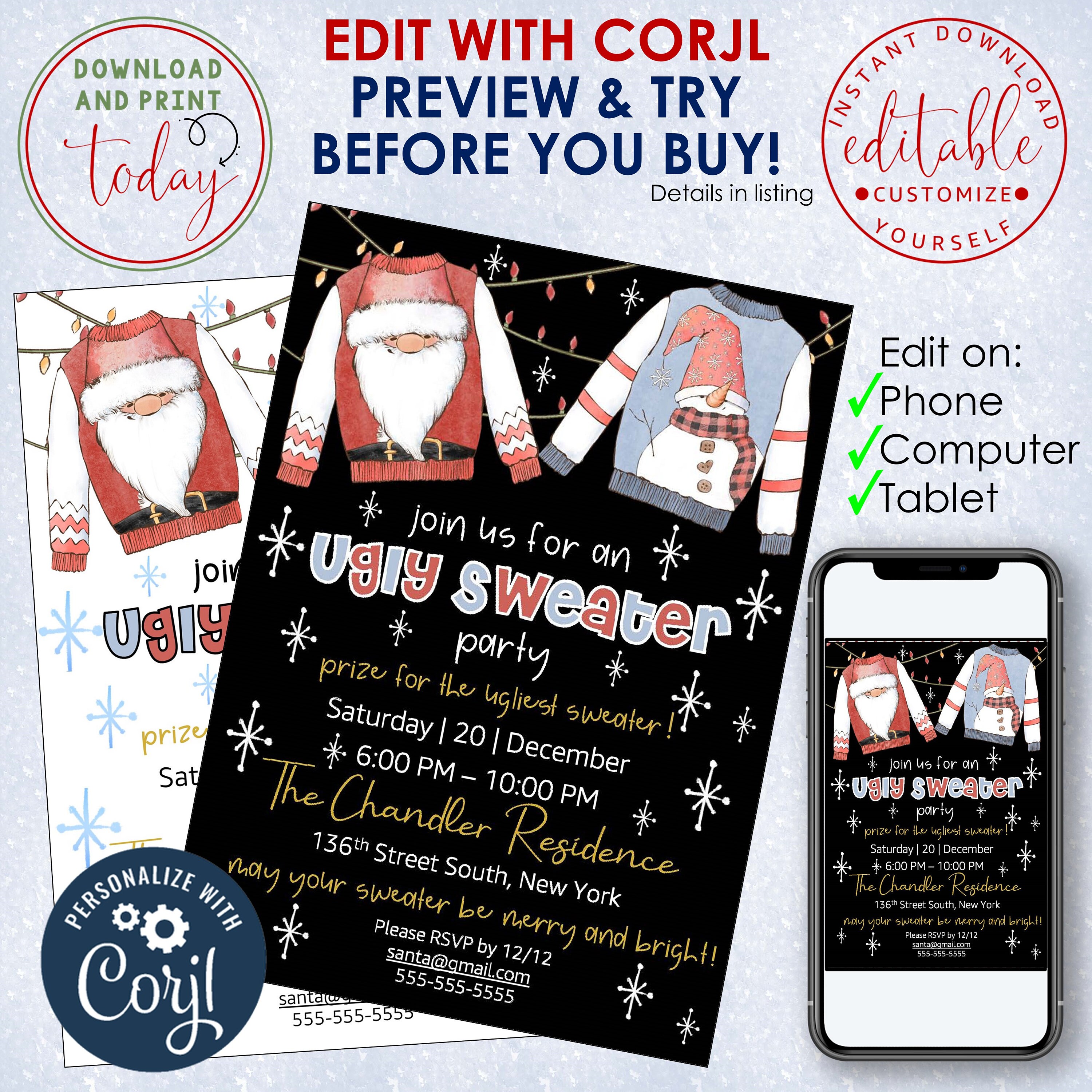 INSTANT DOWNLOAD Corjl Ugly Sweater Party Invitation Christmas Party Invitation Ugly Sweater Party Editable Invite Instant