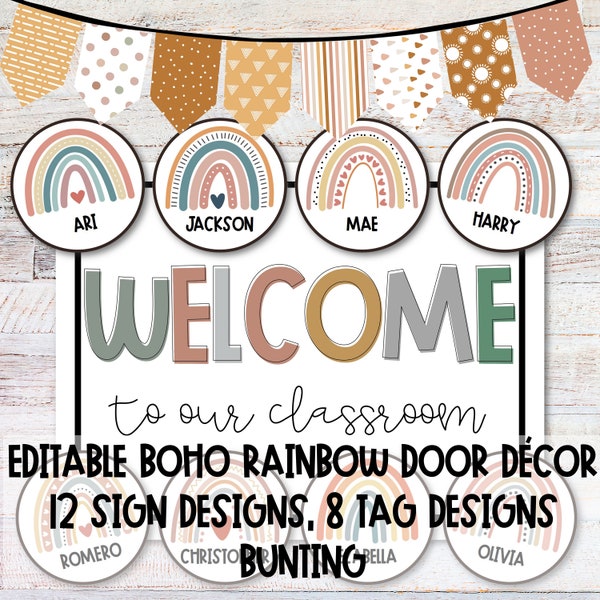 Boho Rainbow Classroom Door Decor | Modern Classroom Decor | Boho Rainbows | Back to School | 12 Title Signs | EDITABLE Circle Tags| Banner