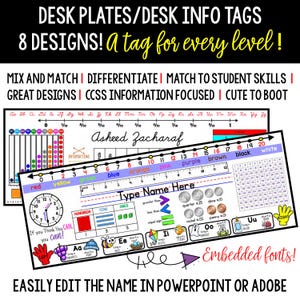 Etiquetas de nome para carteiras de estudantes | 8 designs | DIFERENCIAÇÃO fácil! | Etiquetas de nome de mesa | Placa de identificação de carteira de estudante | Etiquetas de habilidade | CCSS | PREENCHÍVEL