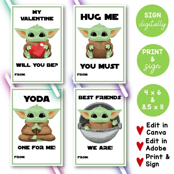 Green Alien EDITABLE Valentines. YODA One For Me. Kids Valentines. School Valentines. Classroom Valentines. DIY Valentines. Printable.