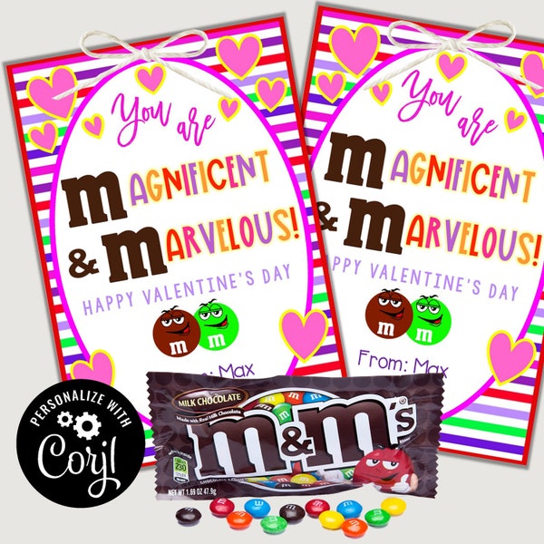 EDITABLE M and M Candy Valentines, Printable, School Valentine Cards, Classroom Valentine, Kid's Valentine's Day Cards,  M and M Valentine