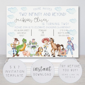 Infinity and Beyond Invitation Template, Cloud Design. FULLY EDITABLE TEXT. 2nd or Any Birthday Toy Story Party. Printable. Watercolor.