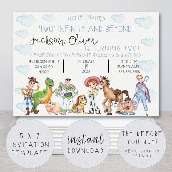 Infinity and Beyond Invitation Template, Cloud Design. FULLY EDITABLE TEXT. 2nd or Any Birthday Toy Story Party. Printable. Watercolor.