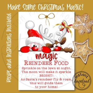 Magische Reindeer Food Tag zum Ausdrucken, Sofort Download, Heiligabend, Rentier Food Tag, lustige Cartoon-Design, Rentier Essen Tag, Anleitung