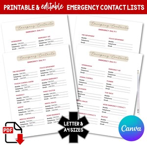 Printable, Editable Emergency Contact Lists. Emergency Kit. School, Home, Work, ADU.  Print, Save A Digital File. An Emergency Must Have.