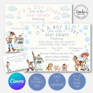 Toy Story Inspired Baby Shower Invitations. Pink and Blue Designs. Baby Shower Invite. Watercolor. FULLY Editable Text. Canva. Raffle Tkt