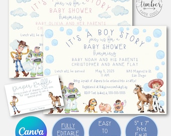 Toy Story Inspired Baby Shower Invitations. Pink and Blue Designs. Baby Shower Invite. Watercolor. FULLY Editable Text. Canva. Raffle Tkt