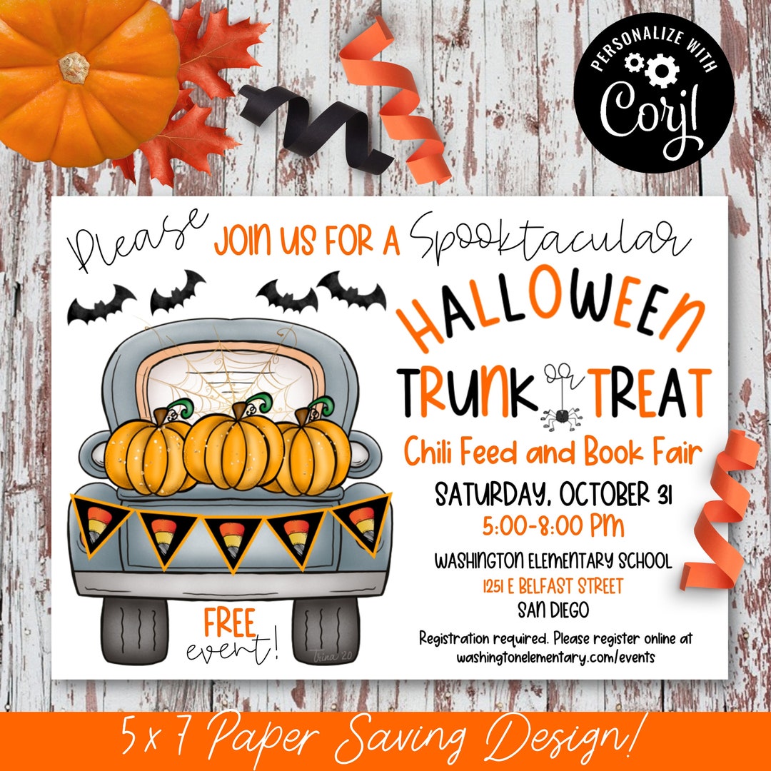 Trunk or Treat EDITABLE Invitation. Paper Saving 5 X 7 Design. Easy to Edit. Bright and
