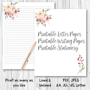 Papelaria IMPRIMÍVEL, papel para escrever para impressão, papel para escrever rosas e folhagens, papel para cartas, lindo papel para escrever, forrado, sem forro