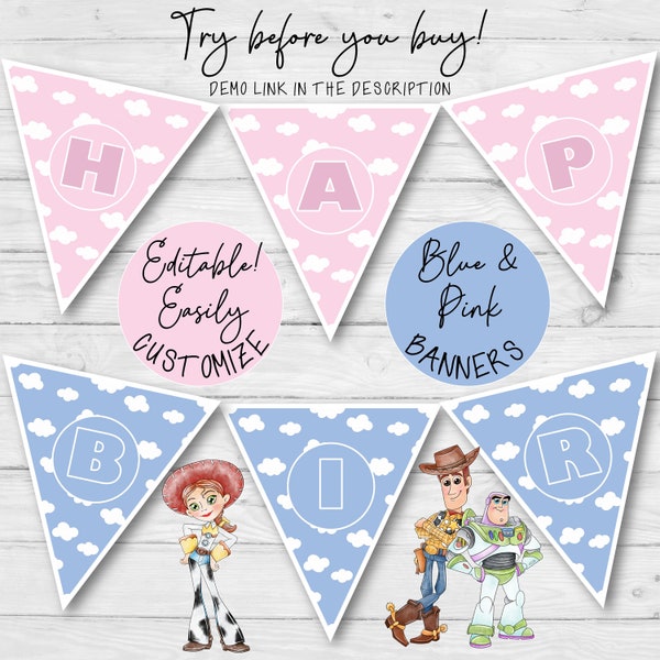 Toy Story Themed Banner. Easily Customize. Toy Story Party Banner. Toy Story Clouds Banner. DIY Birthday Banner. Party Banner. PDF, Corjl.