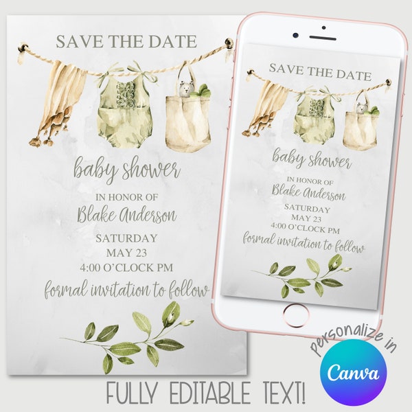 Editable Save the Date Baby Shower Announcement | FULLY Editable Text | Save the Date Baby Shower | Neutral, Boho, Watercolor | Canva