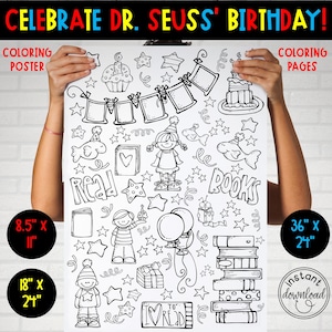 Dr. Seuss Inspired Coloring Poster. Read Across America Activity. 3 Sizes. Group and Individual School Coloring Activities. Seuss Classroom.