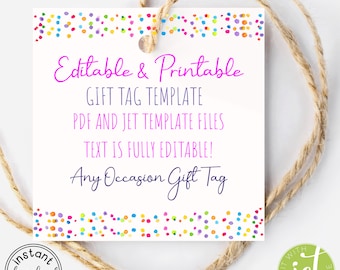 Editable, Printable Confetti Tag Template. Fully Editable Text: PDF 3 x 3  Square. Birthday Tag, Holiday Tag, Baby Shower Tag. DIY Digital.