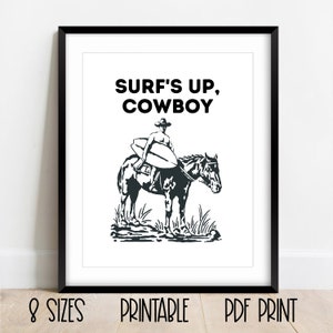 Surf&#39;s Up, Cowboy Art Print | Printable  | Surfing Cowboy Cowgirl Art | Western Art | Modern Cowboy Art | Trendy Western Art | Coastal Art-B