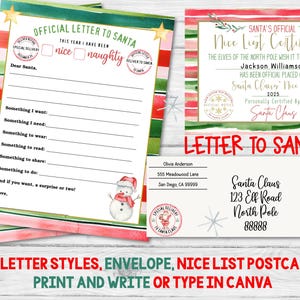 Carta a Papá Noel. Papelería oficial para cartas a Papá Noel. 2 plantillas de cartas. Sobre. Postal con la lista de buenos deseos. Kit de cartas a Papá Noel. Recuerdo.