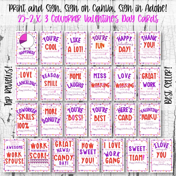 INSTANT DOWLOAD, Printable, Coworker Valentines, 25-2X3 Cards. Office Valentines, Work Valentines, Funny Valentines, Canva or Manual Sign.