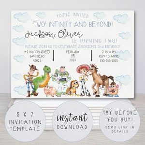 Infinity and Beyond Invitation Template, Cloud Design. FULLY EDITABLE TEXT. 2nd or Any Birthday Toy Story Party. Printable. Watercolor. np