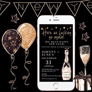 EDITABLE DIGITAL New Year&#39;s Eve Party Invitation Template || Funny New Year&#39;s Invite  || Glitter New Year&#39;s Invite  || Fun New Year Invite
