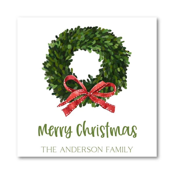 Printable, Editable Christmas Gift Tags, Digital Holiday Tags, Personalized Christmas Tags, Boxwood Wreath Christmas Tag, Boxwood Red
