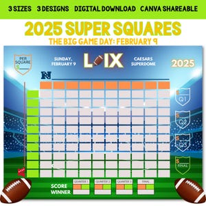 Super Bowl BIG Game Football Squares | 100 Squares Football Pool | 2025 Super  Bowl Game | Super Game | PNG, PDF, Canva | Instant Download