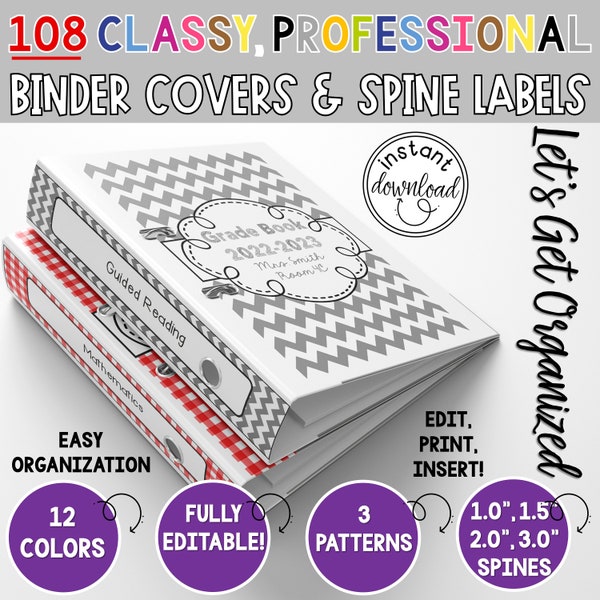 108 EDITABLE Binder Covers, Spine Labels, 12 Colors, 3 Patterns, Binder Covers, Colorful Binder Covers, Spines, Beautiful Organization!