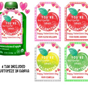 CUSTOMIZABLE Valentines Applesauce Tags, Kids Classroom, Daycare, School, Valentine&#39;s Day Gift Tags. Awesome Sauce Tags. Printable.