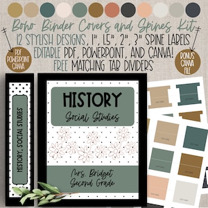 BOHO Vibes! - Profesjonalne, nowoczesne okładki i grzbiety segregatorów BOHO | Edytowalne | Neutralny wystrój klasy | PDF, Canva, PowerPoint | Darmowe zakładki