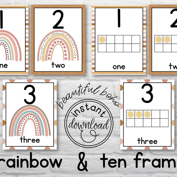 BOHO Vibrant Number Posters | Classroom Number Posters | Numbers 1-20 with, without Ten Frames | Boho Number Posters | Boho Rainbows