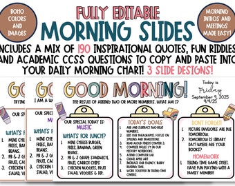 Morning Slides Templates with 190 Quotes, Questions, and Riddles for Daily Inspiration | FULLY Editable | PowerPoint | Classroom Management