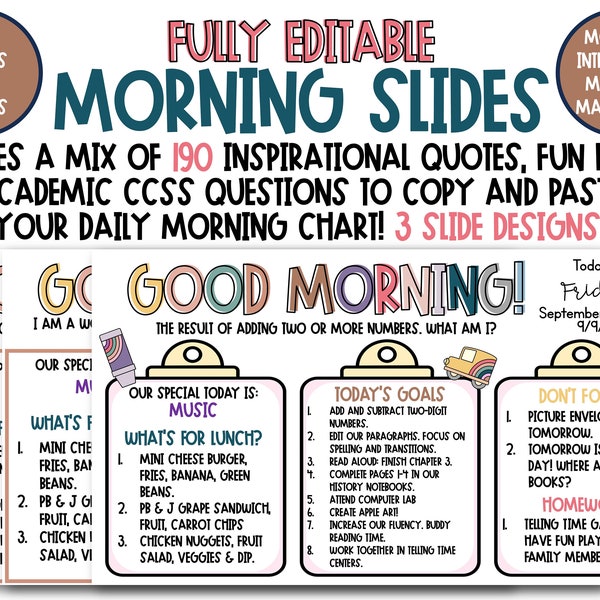 Morning Slides Templates with 190 Quotes, Questions, and Riddles for Daily Inspiration | FULLY Editable | PowerPoint | Classroom Management