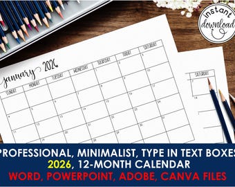 Minimalist 2026 Printable, Instant Download Calendar. Canva, Word, PowerPoint, Adobe. Editable Text boxes. Best Seller Every Year. Organize.