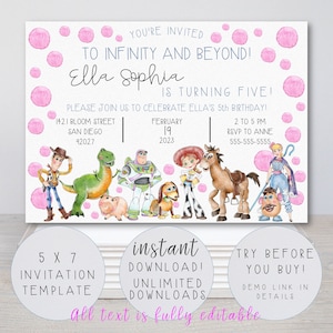 To Infinity and Beyond Invitation Template. Easily CUSTOMIZABLE. Any Age Invite. Toy Story Party. Printable. Toy Story Invitations. Pink.