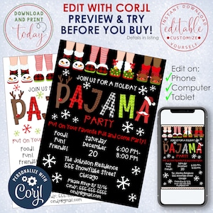 INSTANT DOWNLOAD Corjl Holiday Pajama Party Invitation  | Christmas Pajama Party | Christmas Party | Editable Invite | Instant Download