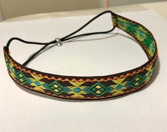 Authentic native American style beaded headband White Brown Green Gold geometric pattern Tribal forehead headband  Beaded elastic hairband