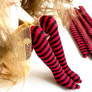 Doll socks Stripy dolls socks Red Black BJD socks Knee high Striped witch Doll stockings