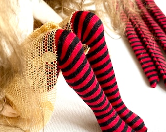 Doll socks Stripy dolls socks Red Black BJD socks Knee high Striped witch Doll stockings
