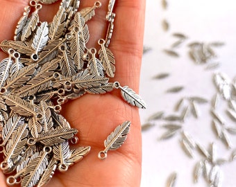 Silver metal Feather Charms 15mm tiny pendants