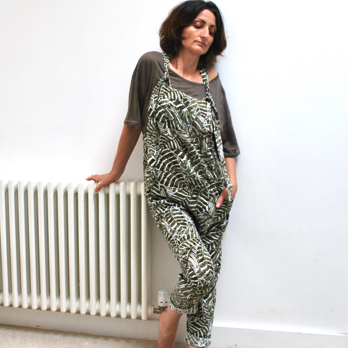 Linen Dungarees Linen Overalls Green Tropical Leaf Print Etsy